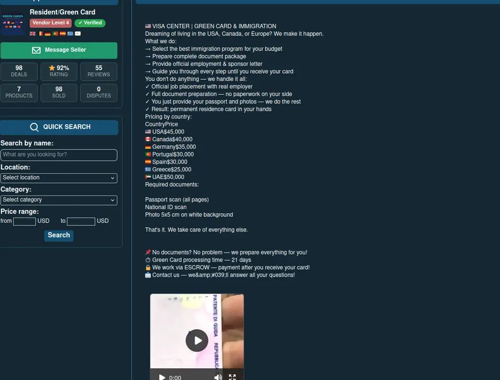 Website interface offering visa and green card services